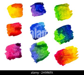 Ensemble d'éléments de taches d'aquarelle abstrait illustration isolée texturée pour le motif de modèles de grunge, carte vintage.Toile étirée à la main, effet humide, carrée Banque D'Images
