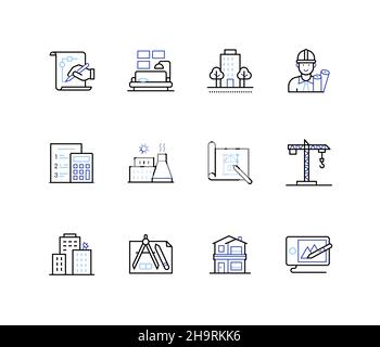 Construction urbaine - ensemble d'icônes de style de ligne coloré.Dessins, création d'un projet de conception pour des bâtiments ou des plans d'agencement à l'intérieur de la maison.Résidentiel an Illustration de Vecteur