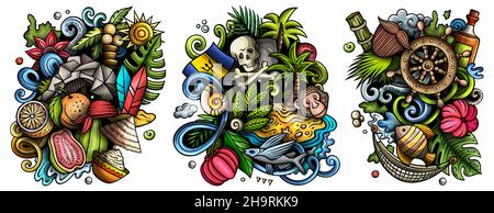 Ensemble de motifs de dessin animé à motif caniche de la Barbade.Compositions détaillées colorées avec beaucoup de symboles traditionnels.Isolé sur des illustrations blanches Illustration de Vecteur