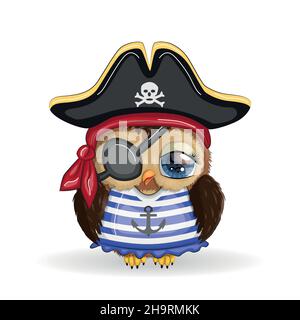 Hibou pirate, personnage de dessin animé du jeu, un oiseau dans un bandana et un chapeau à tête de cocon avec un crâne, avec un timbre oculaire.Caractère avec des yeux lumineux Illustration de Vecteur