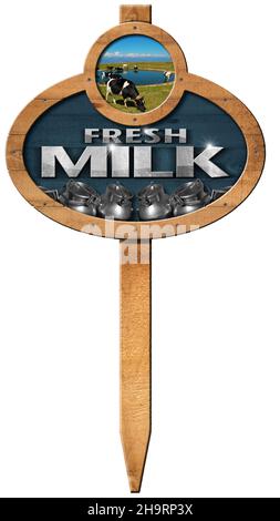 Panneau commercial en bois avec un poteau, du lait frais, des vaches en pâturage et des canettes en acier pour le transport du lait.Isolé sur un fond blanc. Banque D'Images