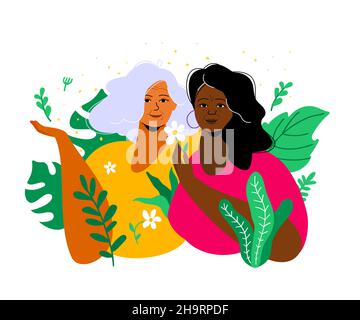 Femmes amies : illustration de style plat coloré.Deux femmes âgées internationales parlant.Fermez la communication sur n'importe quel sujet.Confiance, soins, mu Illustration de Vecteur