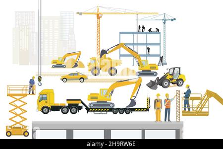 Chantier de construction avec pelle hydraulique, manumain et machines de construction, illustration Illustration de Vecteur