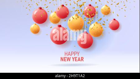 Boules de Noël rouges et orange suspendues au sommet avec cofetti argent et joyeux nouvel an Illustration de Vecteur