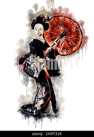 Geisha Girl / Vintage Watercolor style d'art japonais de la période Edo Banque D'Images