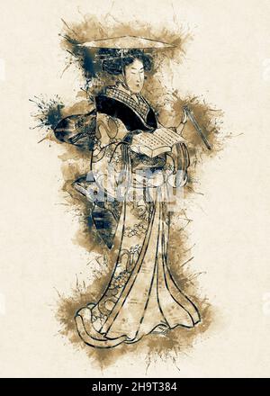 Geisha Girl / Vintage Watercolor style d'art japonais de la période Edo Banque D'Images