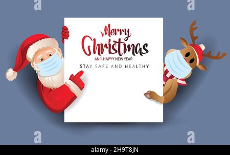 Carte de vœux de Noël vintage Vector avec dessin animé Santa Claus tenant un cadeau près de son renne.Illustration rétro avec éléments de conception typographique Illustration de Vecteur