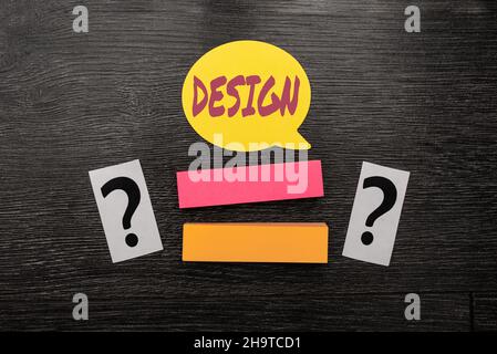 Affiche affichant le design.Mot écrit sur le plan de dessin produit pour montrer la fonction d'apparence ou le fonctionnement de la construction de nouvelles idées lumineuses travail de conception de bureau frais Banque D'Images