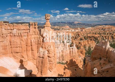 Parc national de Bryce Canyon, Utah, États-Unis.Vue sur le jardin de la Reine depuis la piste Navajo Loop Trail en dessous de Sunset point, Thor's Hammer proéminent. Banque D'Images