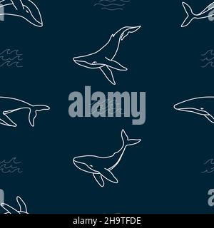 Motif sans couture avec baleines à bosse et vagues dessin minimaliste de fond d'écran vectoriel.Contour des baleines sur fond bleu Illustration de Vecteur