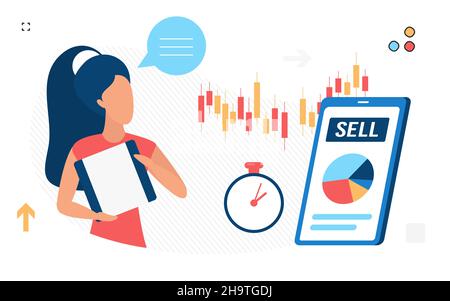 Investir dans le marché boursier et les devises de négociation dans des applications.Achat et vente d'entreprises actions , conception de vecteur Illustration de Vecteur