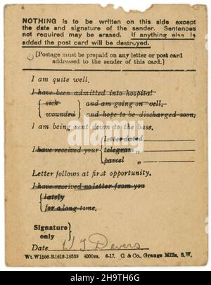 24th mai 1940.Carte postale du service de terrain de la Force expéditionnaire britannique envoyée en Angleterre depuis le nord de la France pendant l'invasion allemande.Adopté par le censeur de la RAF.Affiché deux jours avant l'évacuation de Dunkerque. Banque D'Images