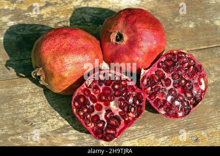 Grenade, anar (Punica granatum), deux entirw et un grenade divisé par deux Banque D'Images