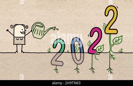 Dessin main Cartoon Gardener arroser un grand panneau de couleur 2022 Banque D'Images