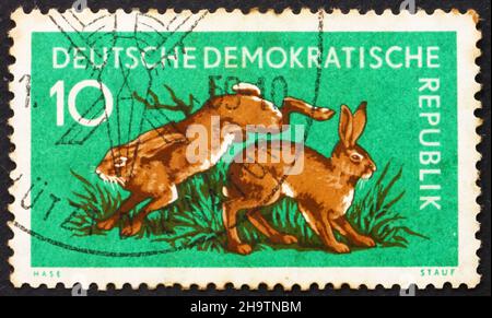 RDA - VERS 1959 : un timbre imprimé en RDA montre des lièvres, Lepus timidus, Animal, vers 1959 Banque D'Images