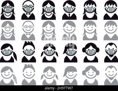 Avatars avec masque médical, icônes d'utilisateur, personnes, visages souriants, ensemble vectoriel Illustration de Vecteur