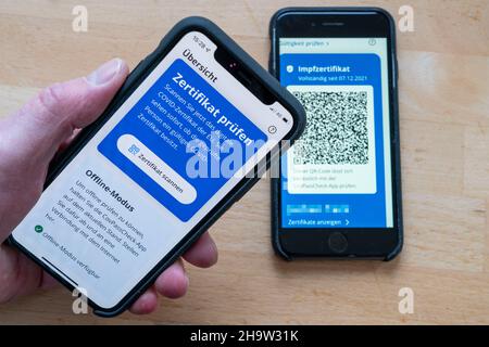 CovPassCheck, pour vérifier le certificat de vaccination numérique, sur un smartphone, vaccinations contre le virus Corona, Covid-19, preuve de vaccination, D Banque D'Images