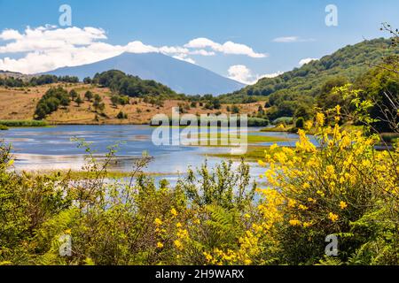 Vue sur le lac de Bivière avec le volcan Etna, parc national de Nebrodi, Sicile, Italie Banque D'Images