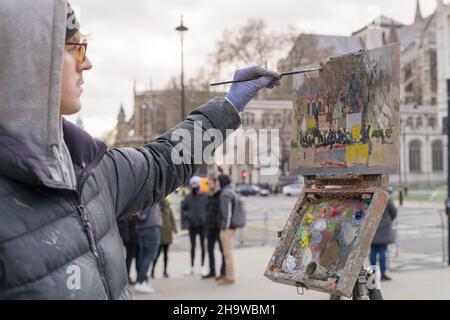 Londres Westminster UK 08 décembre 2021: Un groupe de manifestants sur la place du Parlement s'opposant à un nouveau projet de loi sur la police présenté par le gouvernement , sa troisième lecture à la Chambre des Lords cette semaine, le projet de loi rejette les manifestations pacifiques et les marches.Credit: Xiu Bao/Alamy Live News Banque D'Images