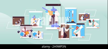chercheurs arabes travaillant avec des tubes à essai dans des fenêtres de navigateur web scientifiques arabes faisant des expériences chimiques en laboratoire Illustration de Vecteur