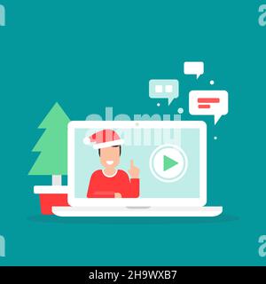 Séminaire en ligne, cours en ligne, concept de travail d'équipe à distance.Apprenez et étudiez par téléconférence ou par vidéo.Personnes avatars et haut-parleur avec chapeau de Père Noël sur ordinateur Illustration de Vecteur