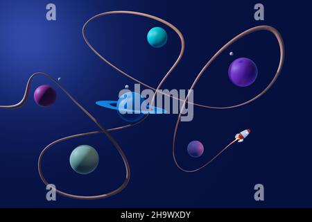 Cartoon Space navire manœuvrant entre les planètes.Toon voyage dans l'espace.3D rendu. Banque D'Images