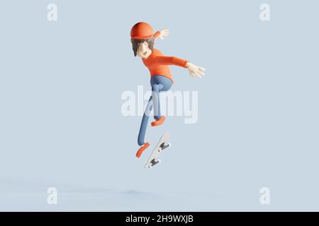 Joyeux garçon de skate-boarder dans une posture dynamique de skate-board.2D rendu. Banque D'Images
