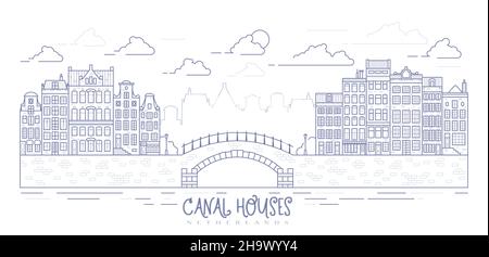 Maisons de style ancien d'Amsterdam.Maisons typiques des canaux hollandais bordées près d'un canal aux pays-Bas.Bâtiment et façades sur le pont.Contour vectoriel Illustration de Vecteur