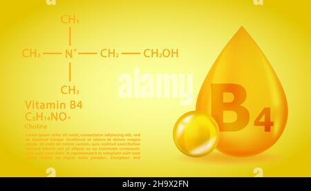 Realistic B4 choline Vitamin Drop avec formule chimique structurelle.3D molécule de vitamine B4 conception de la choline.Capsule de pilule. Illustration de Vecteur