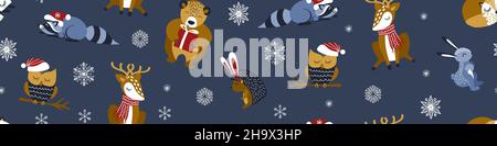 Motif hivernal avec de jolis animaux des bois et des flocons de neige.Bordure horizontale sans couture pour Noël.Illustration vectorielle. Illustration de Vecteur