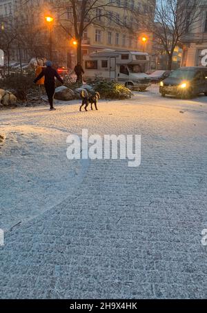 Berlin, Allemagne.09th décembre 2021.Le terrain d'un parc à Prenzlauer Berg est blanc de neige.Credit: Annette Riedl/dpa/Alay Live News Banque D'Images