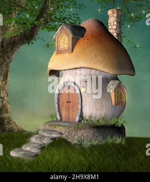 Fantastique maison de champignons par un arbre dans un pré vert Banque D'Images