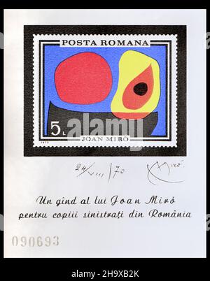 Timbre-poste roumain (1970) : Résumé, par Joan Miro (1893-1983) peintre espagnol.Feuille de réduction non perforée Banque D'Images