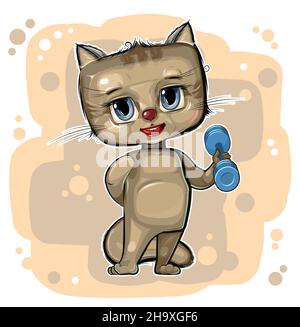 Adorable athlète de kitten.Exercice de haltères.Sports pour enfants.Animal joyeux.Style de dessin animé.Illustration pour les enfants.Isolé sur fond blanc. Illustration de Vecteur