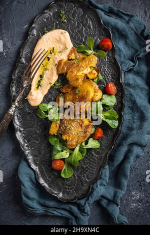 Pommes de terre écrasées croustillantes rôties au four avec houmous au Chili et salade (végétalien) Banque D'Images