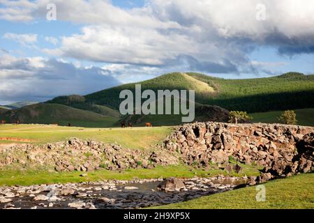 Paysage avec rivière Orkhon et chevaux paître Banque D'Images