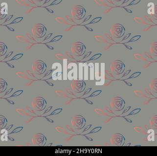 Motif rose sans coutures.Modèle à répétition composé de fleurs dessinées à la main.Dégradé bleu rose.Arrière-plan de couleur grise modifiable.Vecteur Illustration de Vecteur