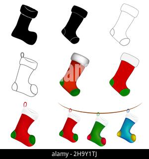 Chaussettes de Noël.Élément de vêtement plat de dessin animé tendance et attributs de célébration d'hiver avec des motifs et des ornements.Ensemble vectoriel Noël coloré stock Illustration de Vecteur