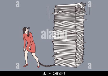 Femme d'affaires stressée liée par la charge de travail, essayez de gérer respecter l'échéance.Une femme ou un employé souffre de la charge de travail au bureau, a des piles, des documents ou des documents.Illustration vectorielle. Illustration de Vecteur