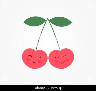 Mignons cerises rouges avec visages et icône en forme de feuille.Illustration vectorielle. Illustration de Vecteur