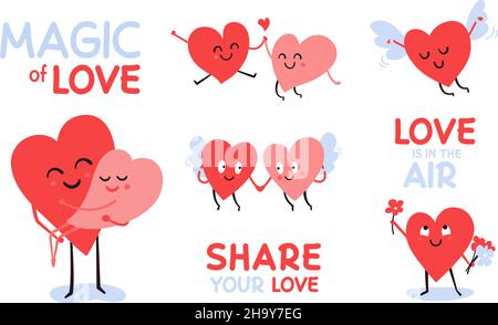 Ensemble de jolis personnages en forme de coeur de Saint-Valentin.Illustrations vectorielles de couple amoureux.Deux cœurs.Concept de partenaires romantiques.Ange de dessin animé volant.L'amour est Illustration de Vecteur