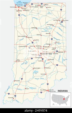 Carte routière de l'État américain de l'indiana Illustration de Vecteur