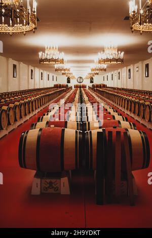 Fûts de vin dans une cave, Bordeaux, France Banque D'Images