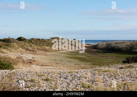 Petite lagune vide dans le port de Pagham à marée basse. Banque D'Images