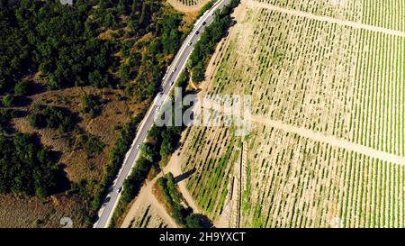 Vue de dessus de l'autoroute le long des champs agricoles.Prise de vue.Culture du grain développée sous le soleil brûlant. Banque D'Images