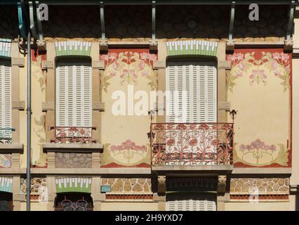 Détail de la Villa les Clématites conçue par l'architecte français Art Nouveau César pain (1907) à Nancy, France. Banque D'Images