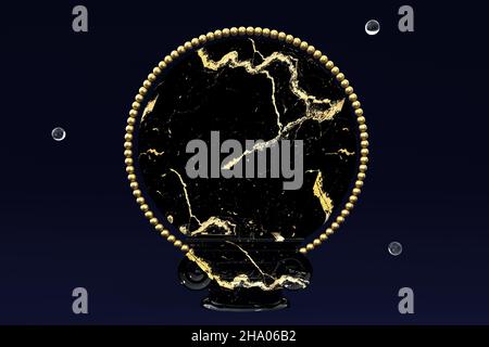 3D podium en marbre abstrait noir avec ornement doré sur fond bleu.Socle pour produits de présentation, illustration abstraite Banque D'Images