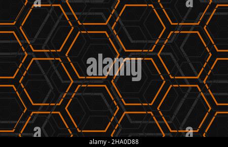 Arrière-plan abstrait de la technologie hexagonale gris foncé et orange.Fond gris à motif de patrnes hexagonales Illustration de Vecteur