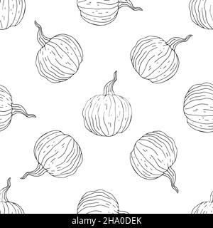 Motif sans couture avec citrouilles noires et blanches dessinées à la main. Illustration de Vecteur