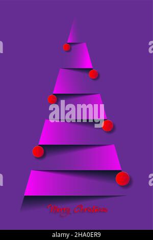 Sapin de noël en papier et boules de noël rouges.Carte vector New Year en papier coupé, fond violet Illustration de Vecteur